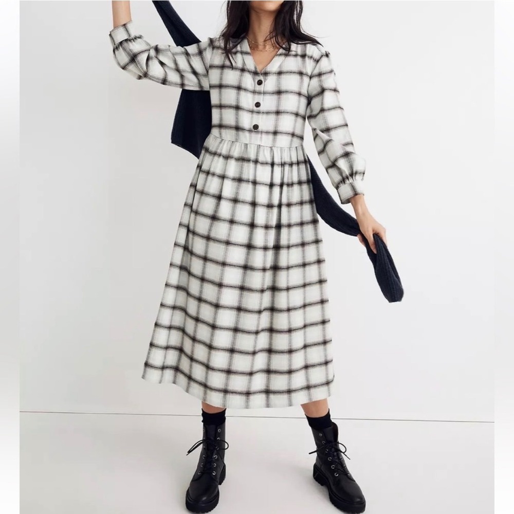 Madewell Flannel Button Front Midi Dress Long Sleeve V Neck Womens Oversized 90s